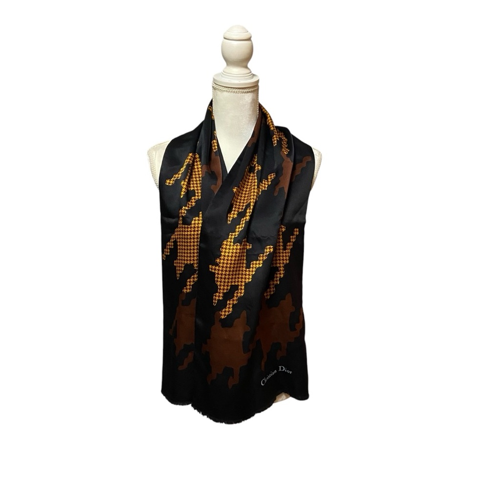 CHRISTIAN DIOR Silk Scarf Printed Pattern Black & Gold Vintage - Picture 4 of 16